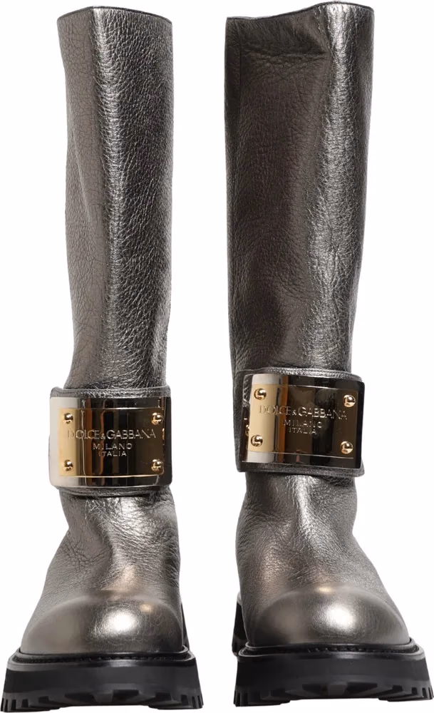 Dolce & Gabbana Metallic Silver Leather Mid Calf Boots Shoes
