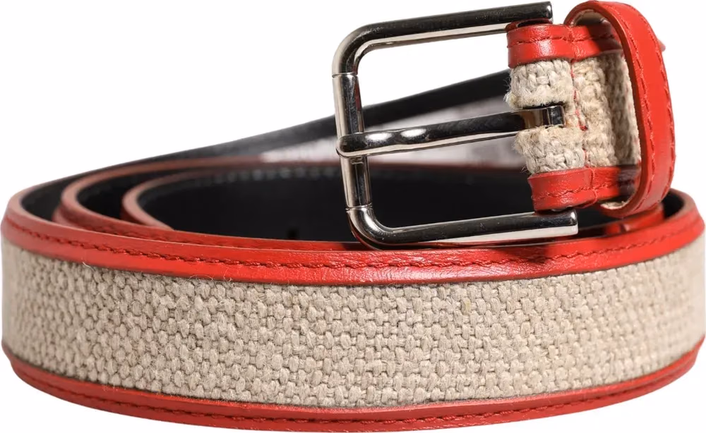 Dolce & Gabbana Men Beige Red Woven Leather Metal Buckle Belt