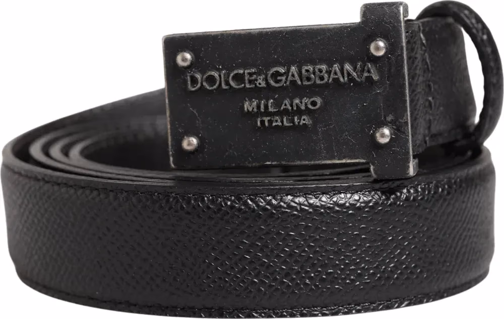 Dolce & Gabbana Men Black Calf Leather Logo Metal Buckle Belt