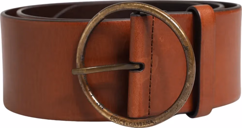 Dolce & Gabbana Men Brown Leather Wide Waist Metal Round Buckle Belt