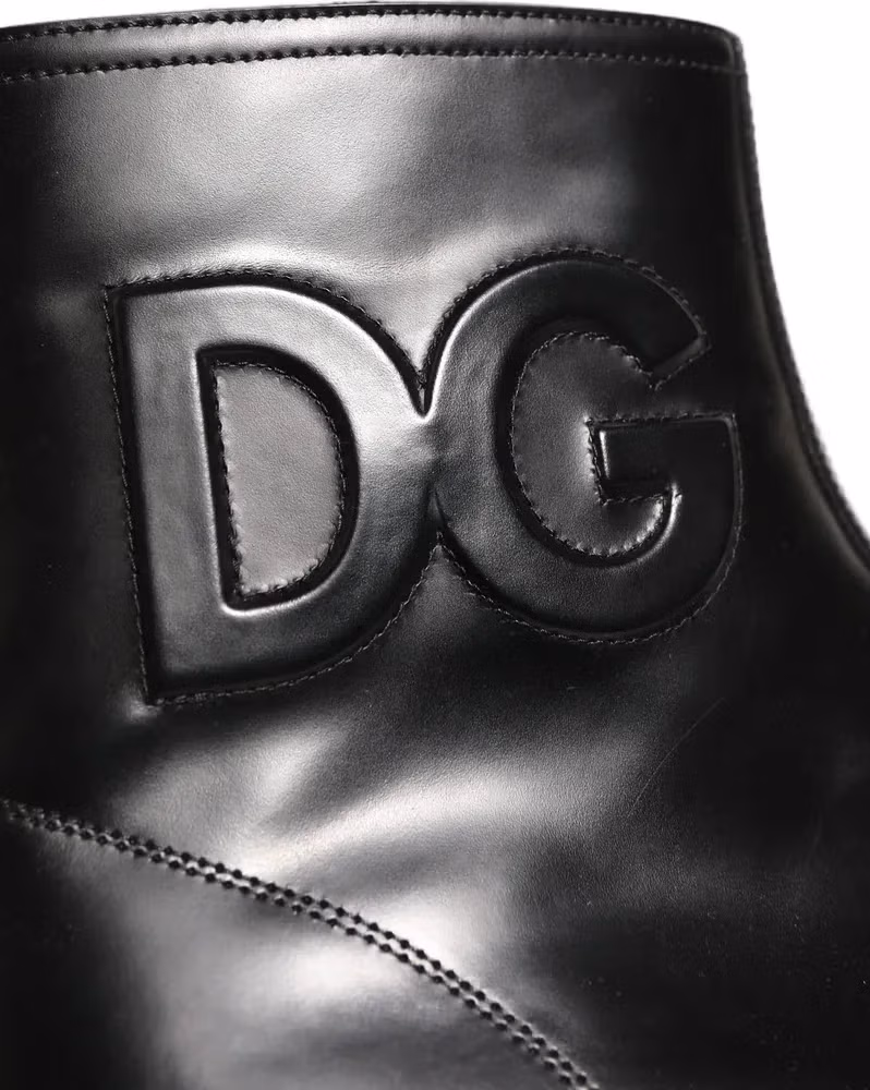 Dolce & Gabbana Black Leather Embossed Logo Ankle Boots Shoes