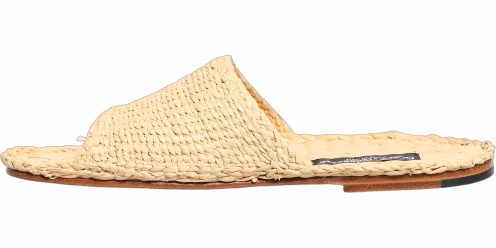Dolce & Gabbana Beige Straw Raffia Slides Sandals Flats Shoes