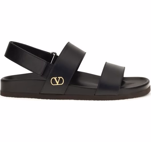 Valentino Garavani Black Calf Leather Bos Taurus Flat Sandals