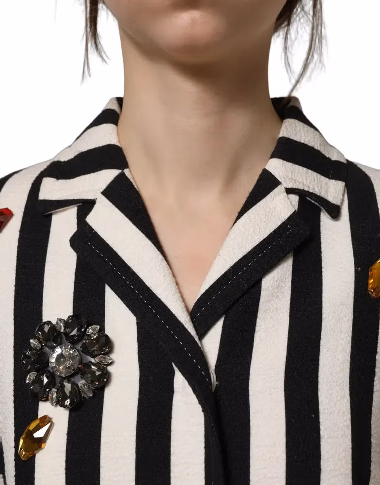 Dolce & Gabbana Black White Striped Embellished Coat Jacket