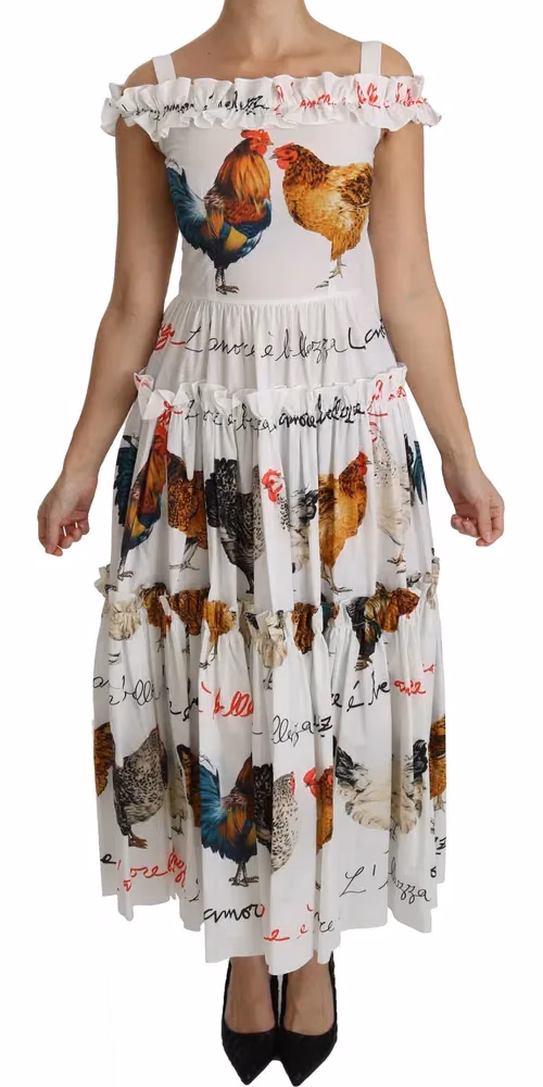 Dolce & Gabbana White Rooster Sheath Midi Cotton Dress