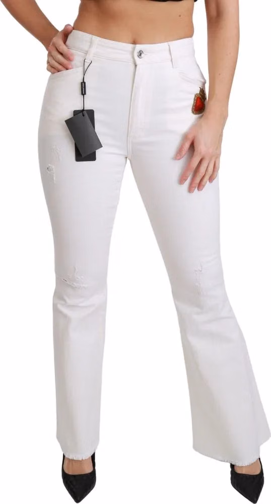 Dolce & Gabbana White Heart Flared Stretch Cotton Pants