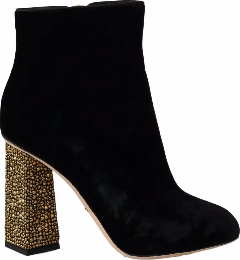 Dolce & Gabbana Black Velvet Crystal Square Heels Shoes