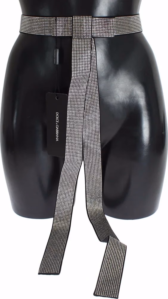 Dolce & Gabbana Black Silk Clear Crystal Bow Waist Belt
