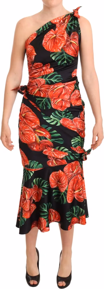 Dolce & Gabbana Black Shiny Silk Floral Print Draped Dress