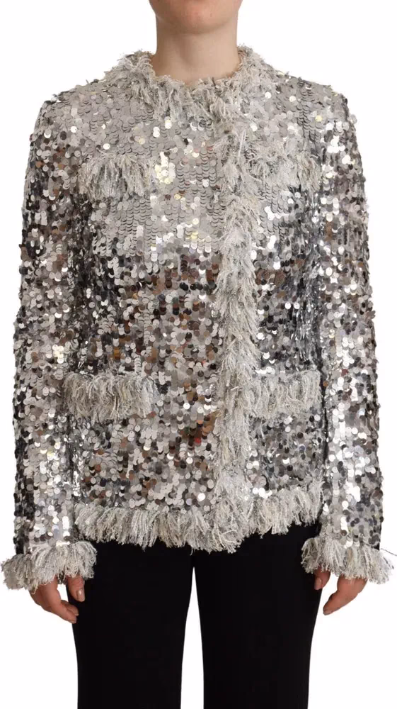 Dolce & Gabbana Silver Sequined Shearling Long Sleeves Jacket