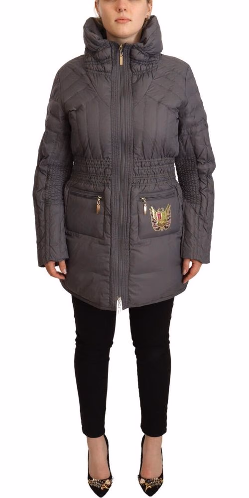 Roccobarocco Gray Quilted Long Sleeves Logo Patch Full Zip Jacket