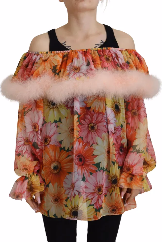 Dolce & Gabbana Multicolor Floral Fur Shearling Blouse Top