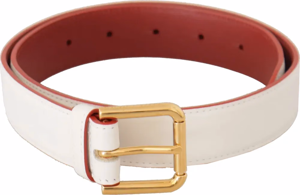 Dolce & Gabbana White Calf Leather Two-Toned Gold Metal Buckle Belt