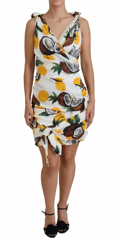 Dolce & Gabbana White Coconut Print Sheath Mini Silk Dress