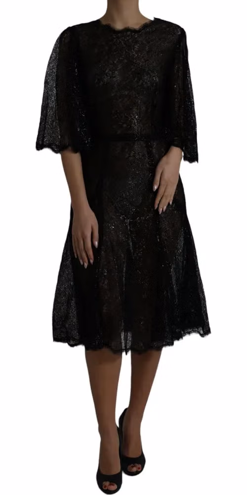 Dolce & Gabbana Black Floral Lace Sheer A-line Midi Dress