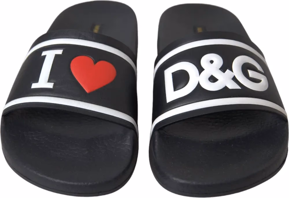 Dolce & Gabbana Black Leather I Love D&G Sandals Slides Shoes