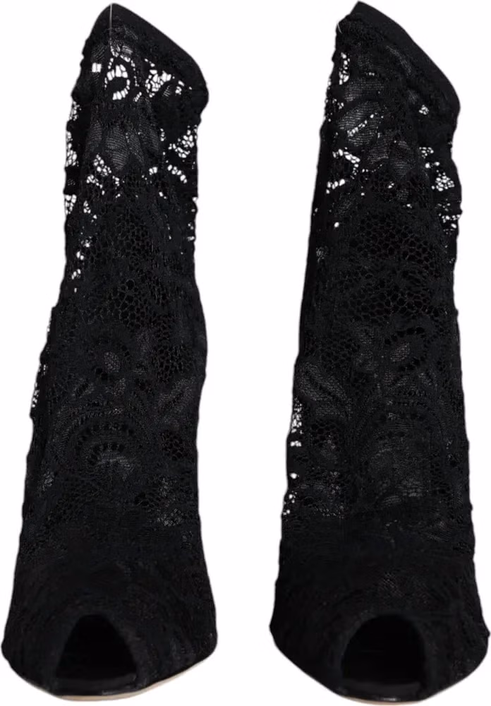 Dolce & Gabbana Black Lace Stretch Heels Mid Calf Boot Shoes