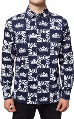 Blue Crown Logo Print Slim Fit Cotton Shirt