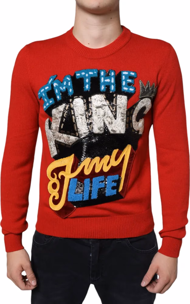 Dolce & Gabbana Red I'm The King Wool Crew Neck Sweatshirt Sweater