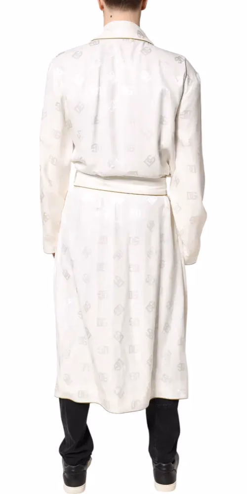 Dolce & Gabbana Ivory Silk Logo Men Wrap Robe Coat Jacket