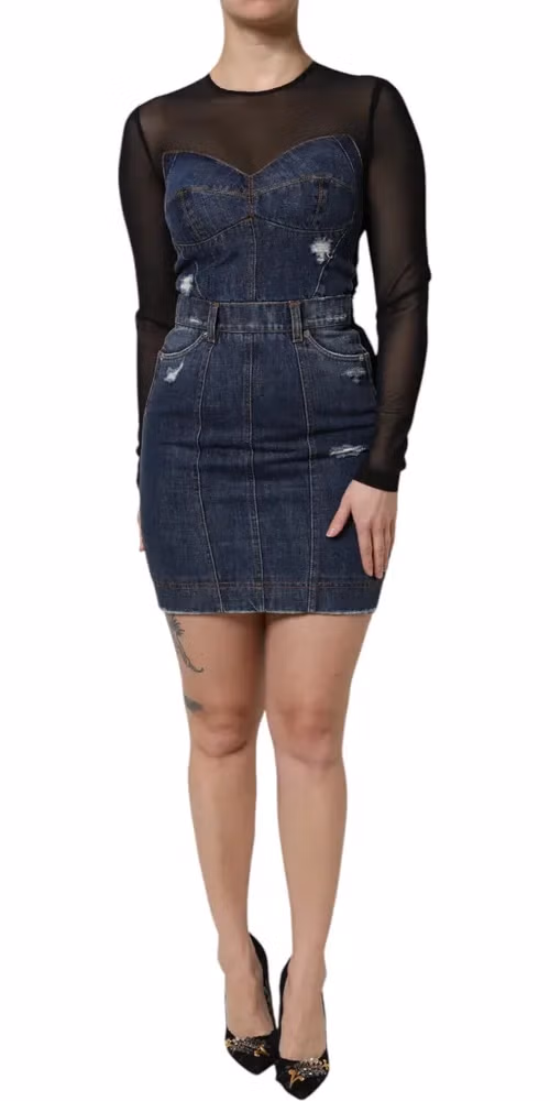 Dolce & Gabbana Black Blue Long Sleeves Denim Mini Dress