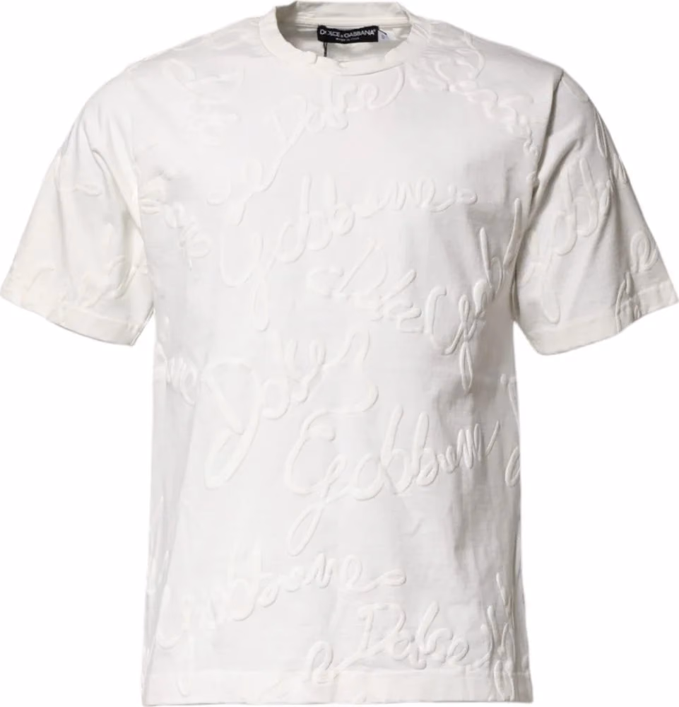 Dolce & Gabbana White Cotton Logo Embossed Crew Neck T-shirt