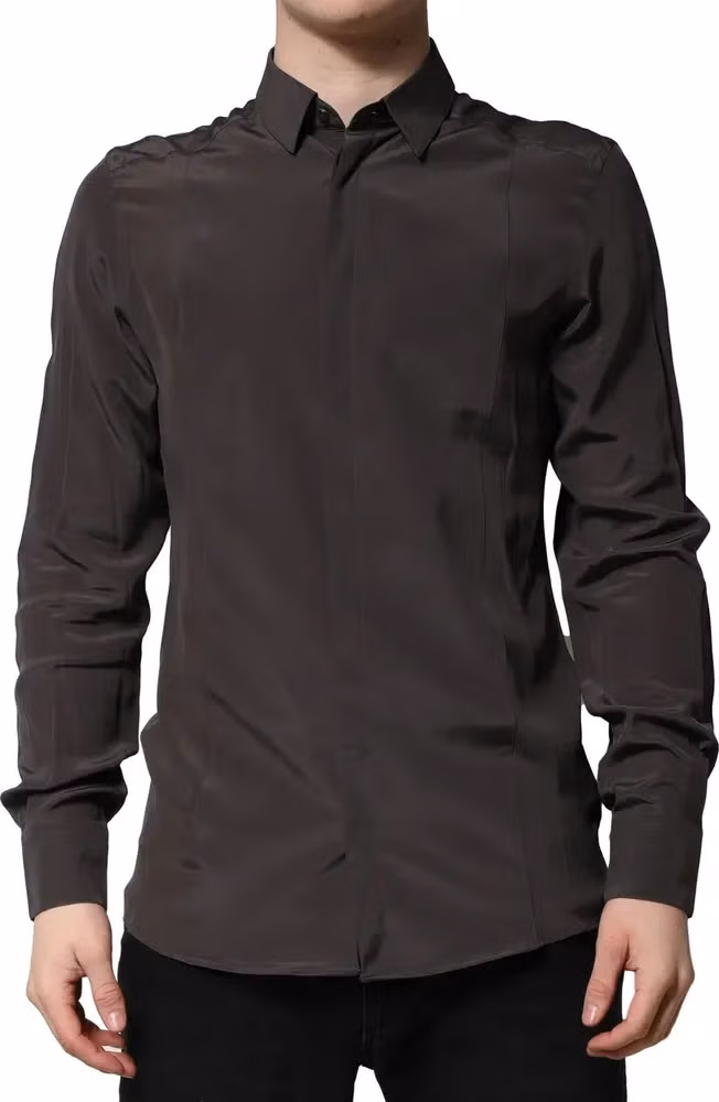 Dolce & Gabbana Dark Brown Silk GOLD Men Dress Formal Shirt