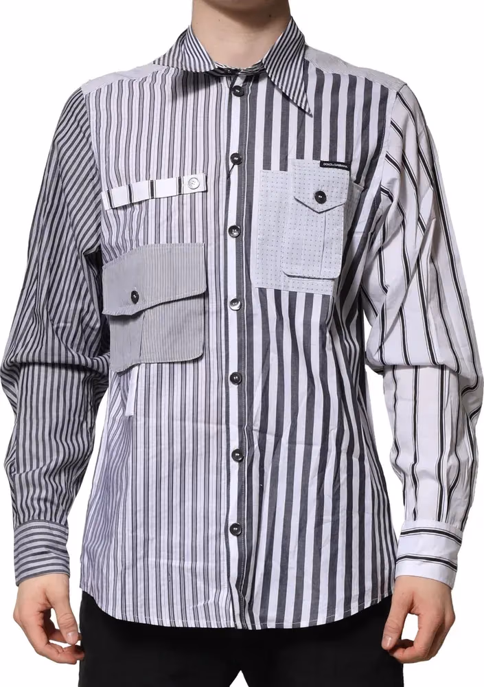 Dolce & Gabbana White Gray Striped Cotton Men Casual Shirt