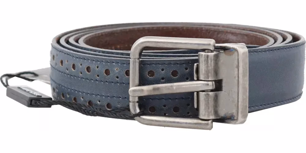 Dolce & Gabbana Blue Perforated Leather Gray Buckle Belt