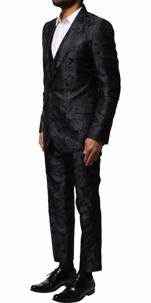 Dolce & Gabbana Dark Gray Black Jacquard 3 Piece Single Breasted Suit