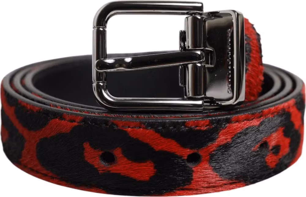 Dolce & Gabbana Black Red Leopard Silver Metal Buckle Belt