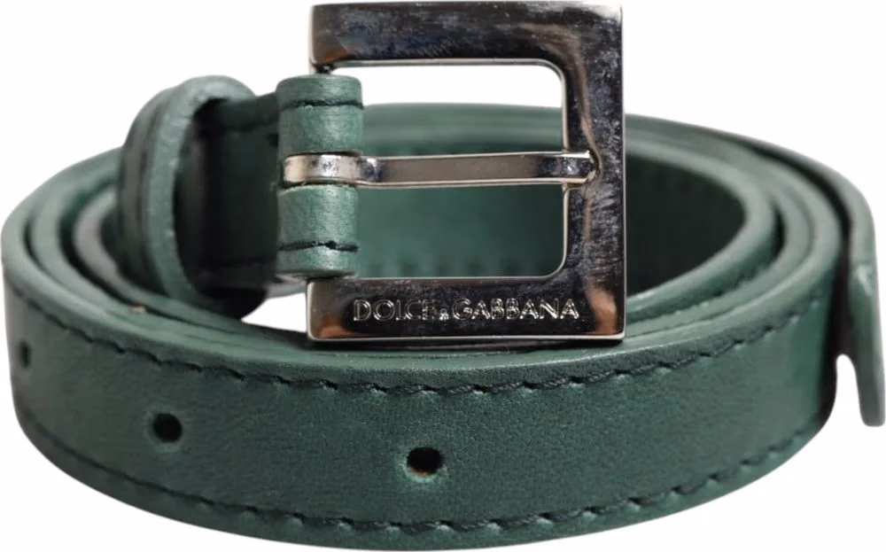 Dolce & Gabbana Dark Green Leather Silver Metal Buckle Belt