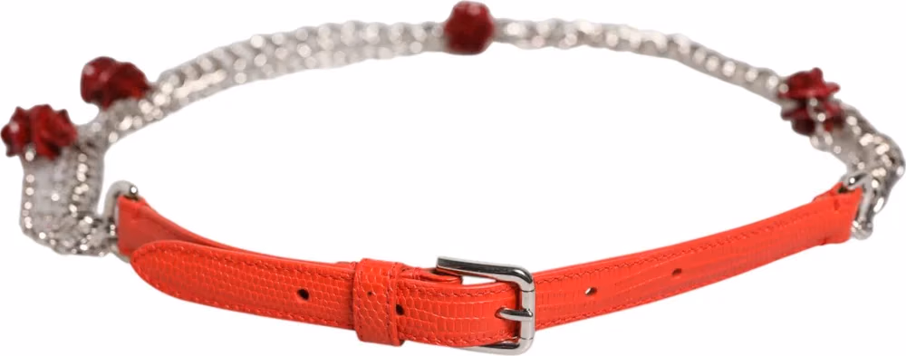 Dolce & Gabbana Red Leather Silver Chain Floral Cintura Belt