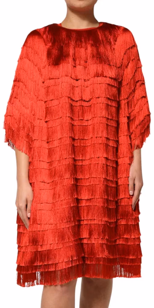Dolce & Gabbana Red Silk Tiers Fringe Shift Knee Length Dress