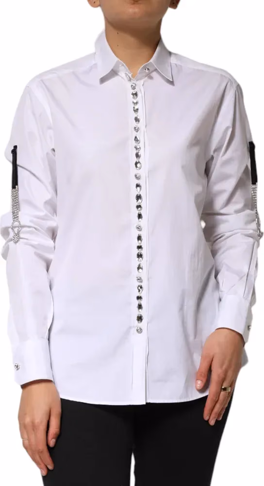 Dolce & Gabbana White Crystal Embellished Collared Shirt Top