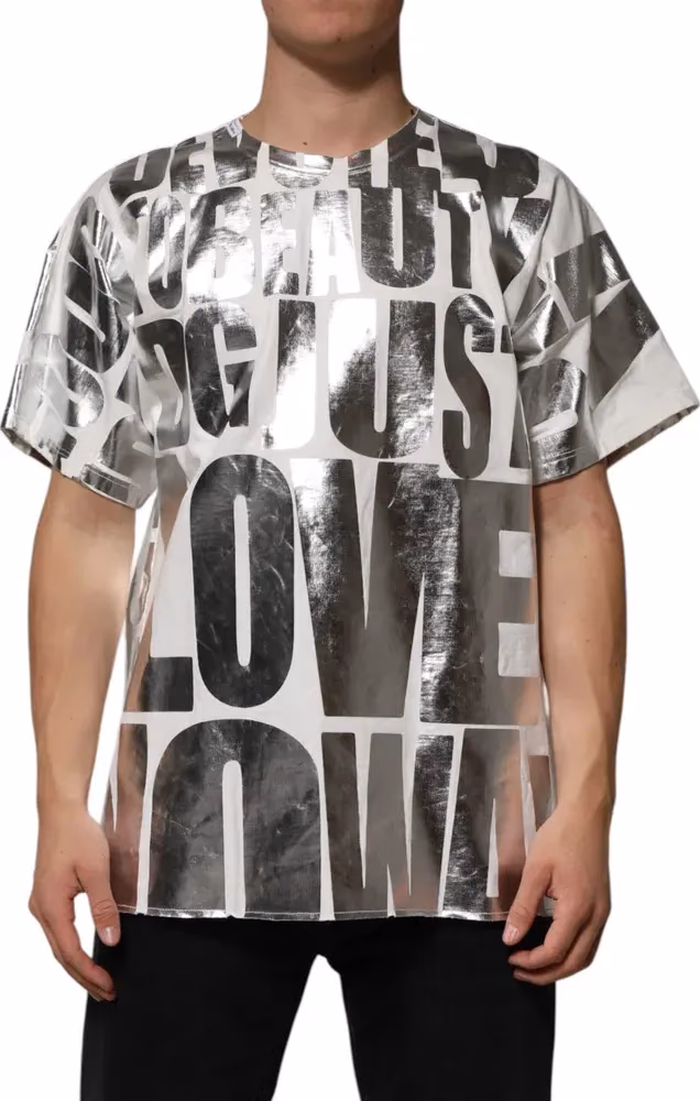 Dolce & Gabbana White Cotton Silver Metallic Slogan Print T-shirt