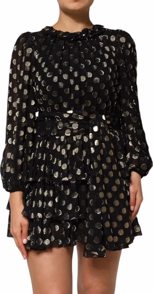 Dolce & Gabbana Black Gold Polka Dot Silk Brocade Mini Dress
