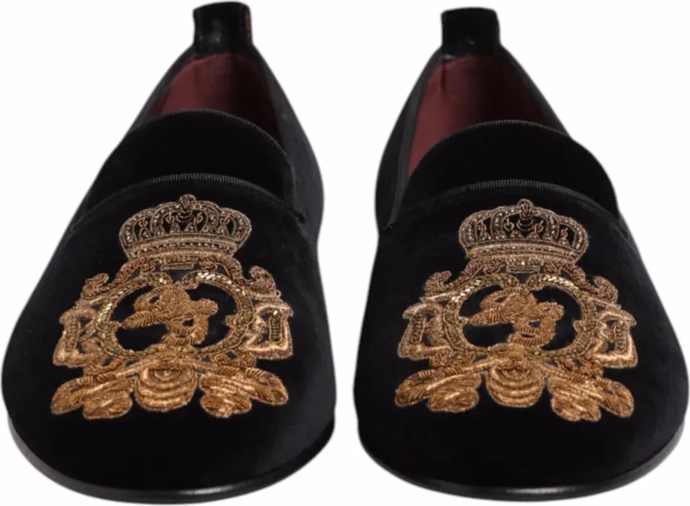 Dolce & Gabbana Black Velvet Gold Crown Mens Loafers Shoes