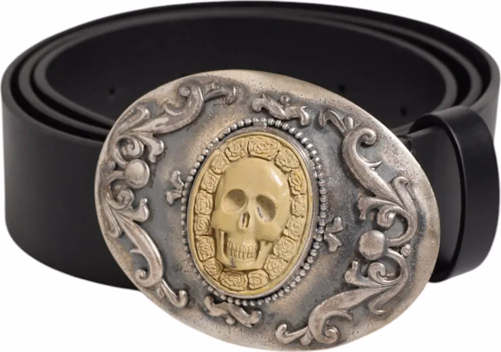Dolce & Gabbana Black Leather Ornate Metal Buckle Men Belt
