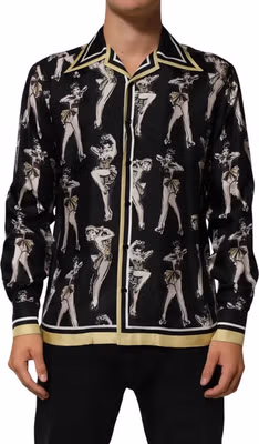 Black Silk Pin Up Printed Button Down Shirt