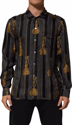Black Dotted Tassel Silk Button Down Shirt