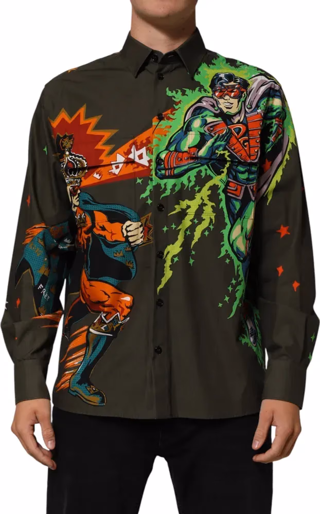 Dolce & Gabbana Green Superhero Print Button Down Shirt